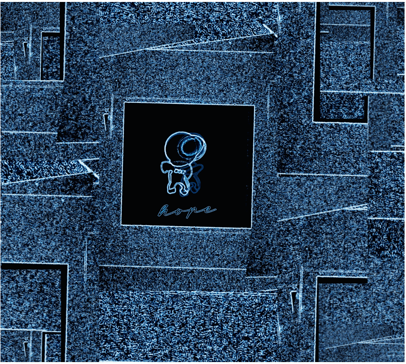 Abstract pop art design featuring a stylized astronaut figure with the word 'hope' beneath on black background