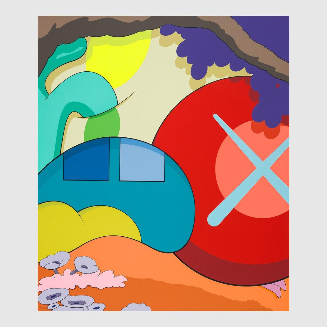 Abstract pop art print with bold colorful shapes including blue house, red circle with X, stylized flowers and trees