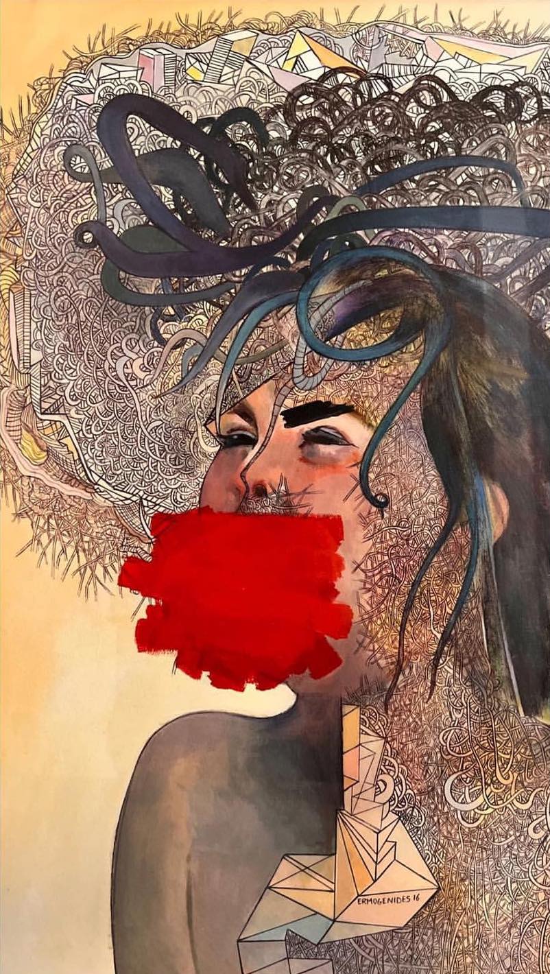 Abstract portrait of a woman with elaborate curly hair and black swirling lines, red paint obscures her mouth