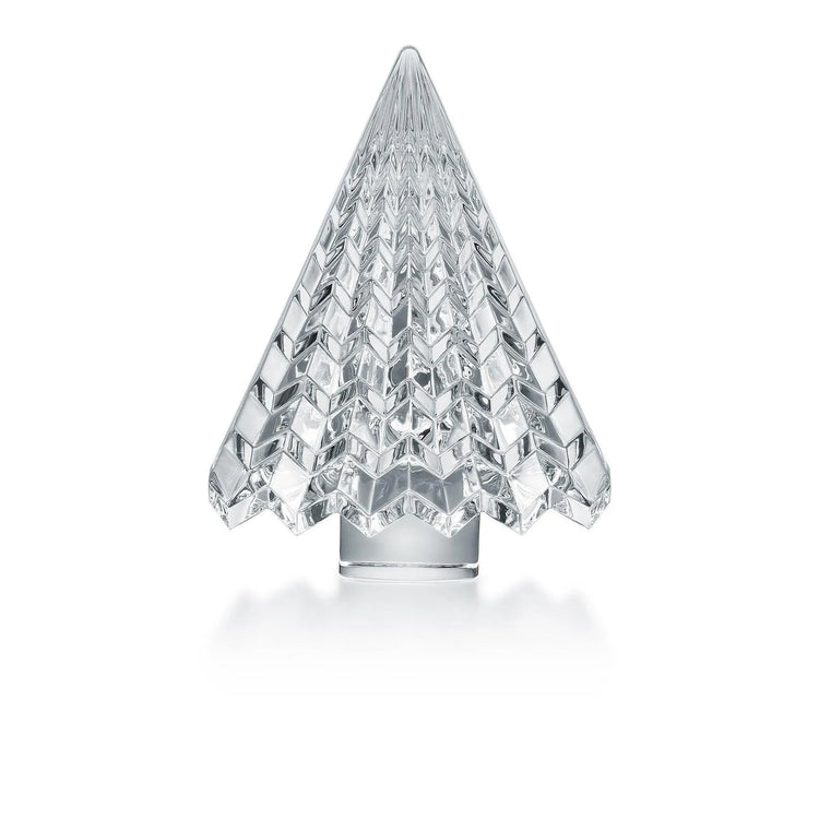 Clear crystal sculpture shaped like a faceted Christmas tree with geometric patterns